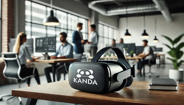 A VR headset with the Kanda logo on it and people in the background